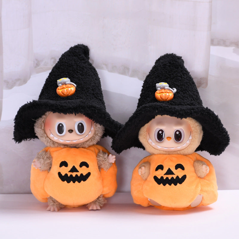 HKM-2468925 Halloween Pumpkin Doll Clothes with Black Hat - Plush Outfit for Decorative Use
