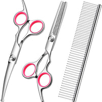 HKM-2471613 Professional Pet Grooming Scissors Set with Safety Round Tips - Stainless Steel Thinning and Curved Shears, Comb Included