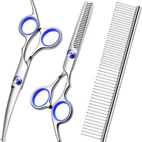 HKM-2471613 Professional Pet Grooming Scissors Set with Safety Round Tips - Stainless Steel Thinning and Curved Shears, Comb Included