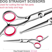 HKM-2471613 Professional Pet Grooming Scissors Set with Safety Round Tips - Stainless Steel Thinning and Curved Shears, Comb Included