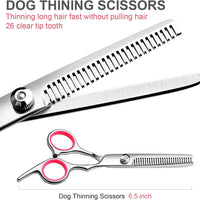 HKM-2471613 Professional Pet Grooming Scissors Set with Safety Round Tips - Stainless Steel Thinning and Curved Shears, Comb Included