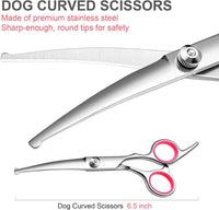 HKM-2471613 Professional Pet Grooming Scissors Set with Safety Round Tips - Stainless Steel Thinning and Curved Shears, Comb Included
