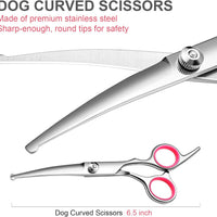 HKM-2471613 Professional Pet Grooming Scissors Set with Safety Round Tips - Stainless Steel Thinning and Curved Shears, Comb Included