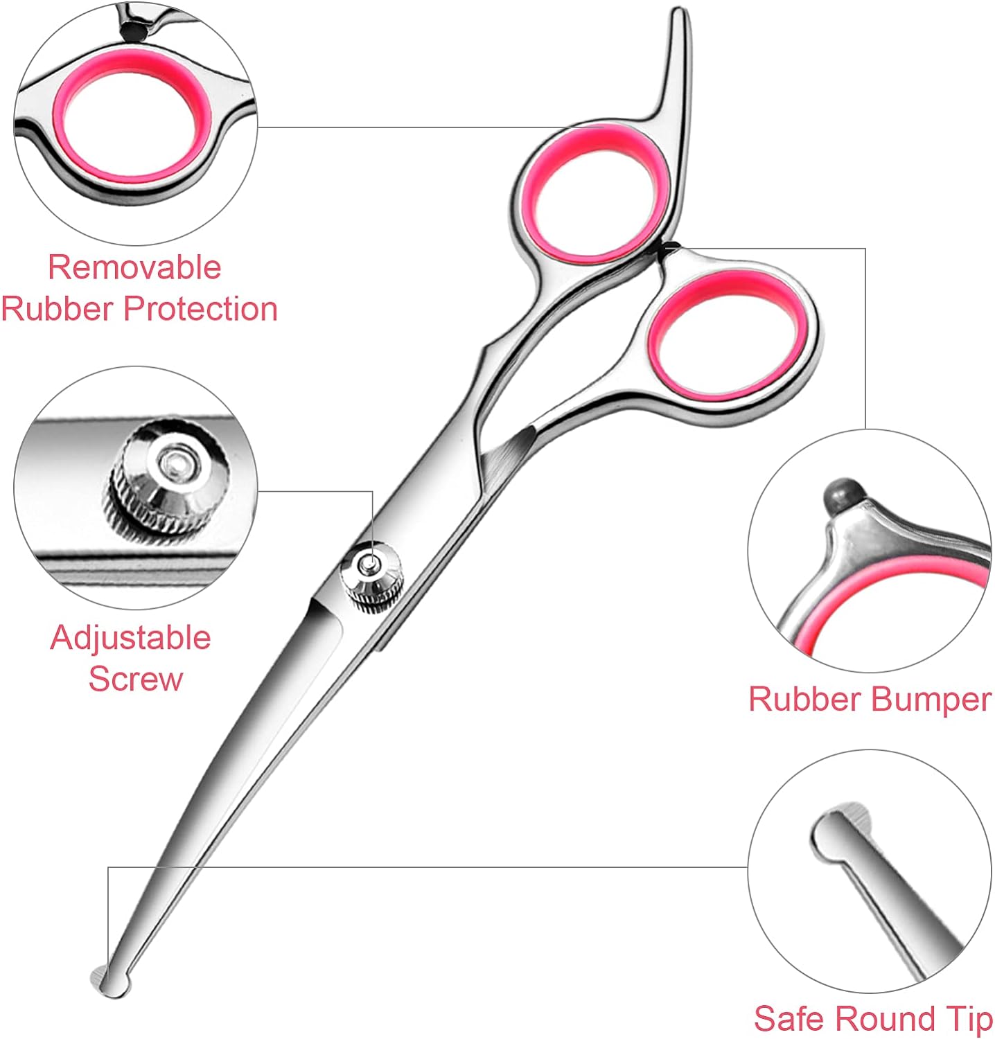 HKM-2471613 Professional Pet Grooming Scissors Set with Safety Round Tips - Stainless Steel Thinning and Curved Shears, Comb Included