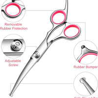 HKM-2471613 Professional Pet Grooming Scissors Set with Safety Round Tips - Stainless Steel Thinning and Curved Shears, Comb Included