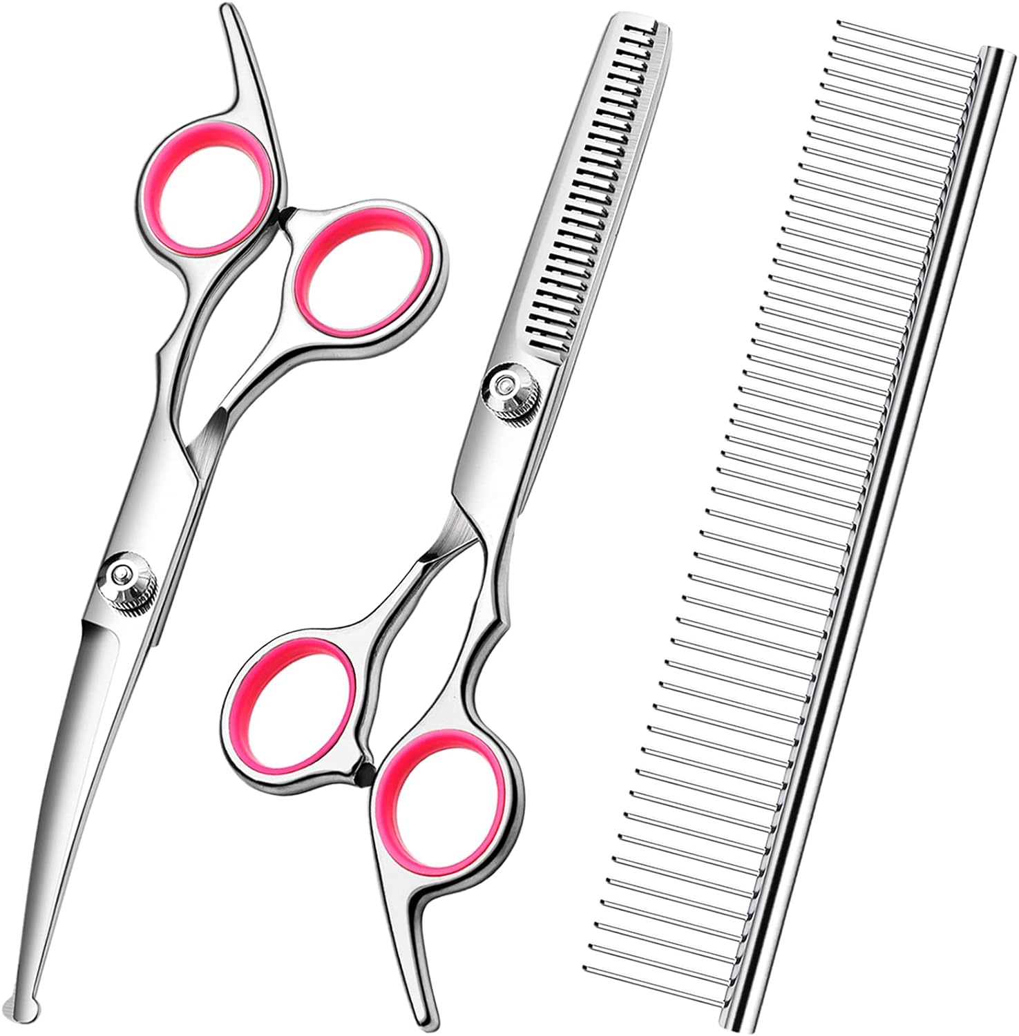 HKM-2471613 Professional Pet Grooming Scissors Set with Safety Round Tips - Stainless Steel Thinning and Curved Shears, Comb Included