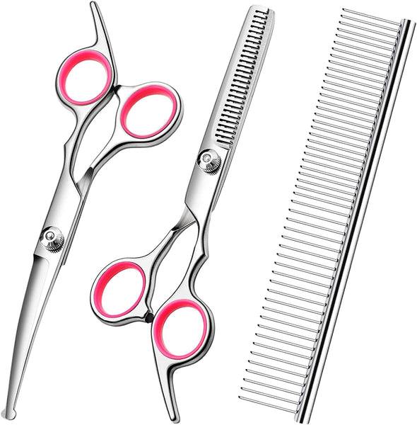 HKM-2471613 Professional Pet Grooming Scissors Set with Safety Round Tips - Stainless Steel Thinning and Curved Shears, Comb Included