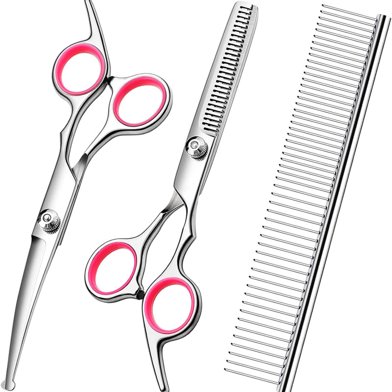 HKM-2471613 Professional Pet Grooming Scissors Set with Safety Round Tips - Stainless Steel Thinning and Curved Shears, Comb Included