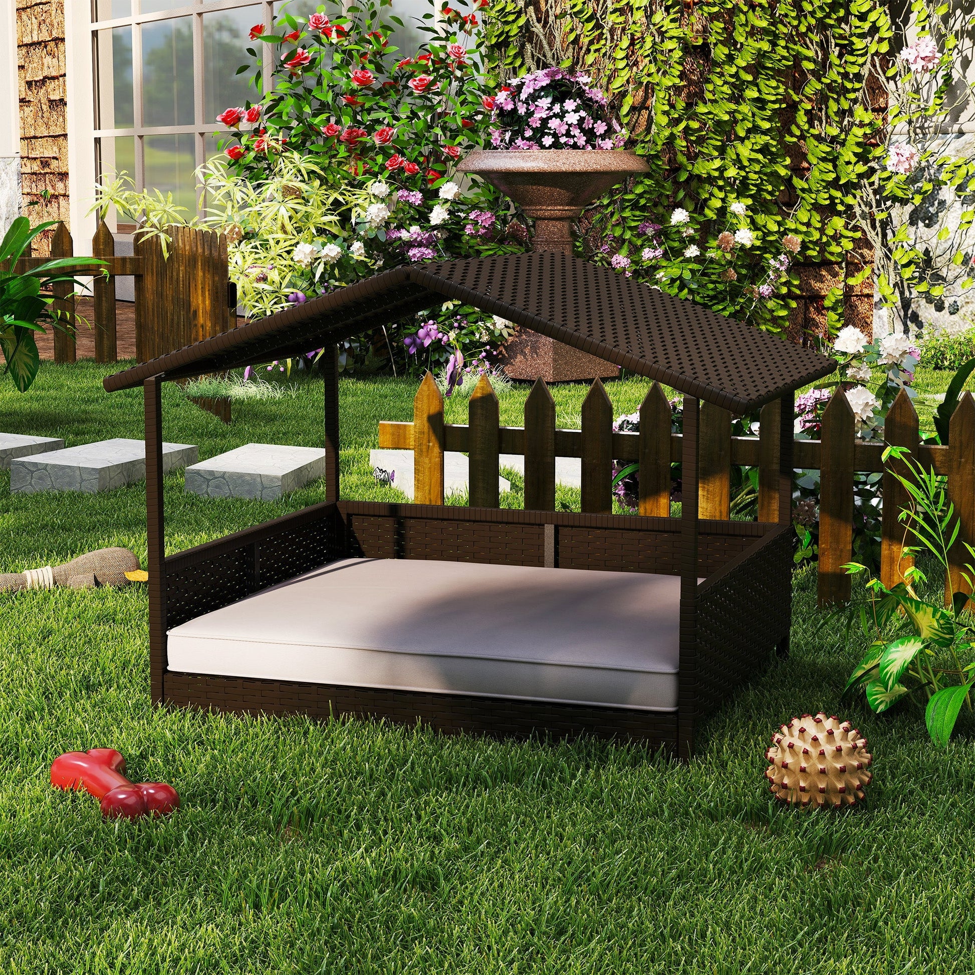 HKM-2472765 Outdoor Dog House with Canopy and Comfortable Cushion for Small to Medium Dogs