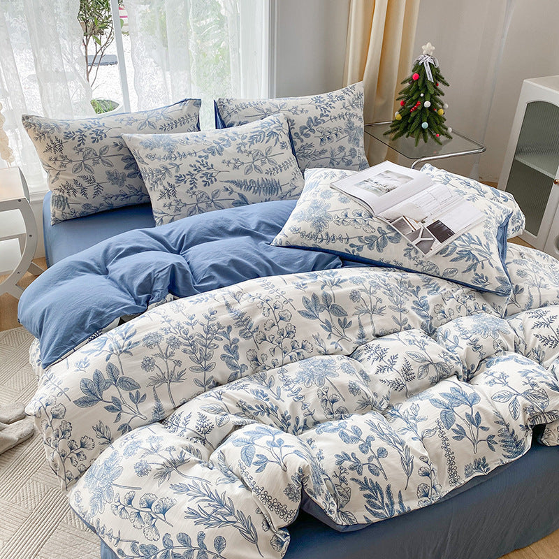 HKM-247443 Soft Pastoral Double-Layer Yarn Bedding Set - Plant and Flower Design, Multiple Sizes Available