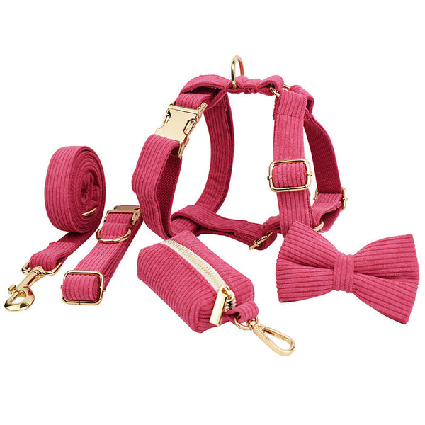 HKM-2475581 Velvet Fabric Dog Collar with Adjustable Sizes, Leash, Bow, Flower, Vest, and Poop Bag