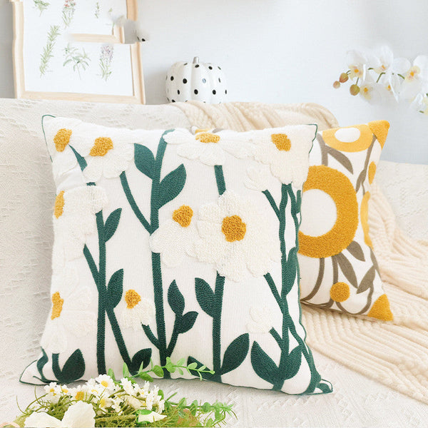HKM-247571 Embroidered Cotton and Hemp Sofa Cushion Cover with Tassels - Floral Design