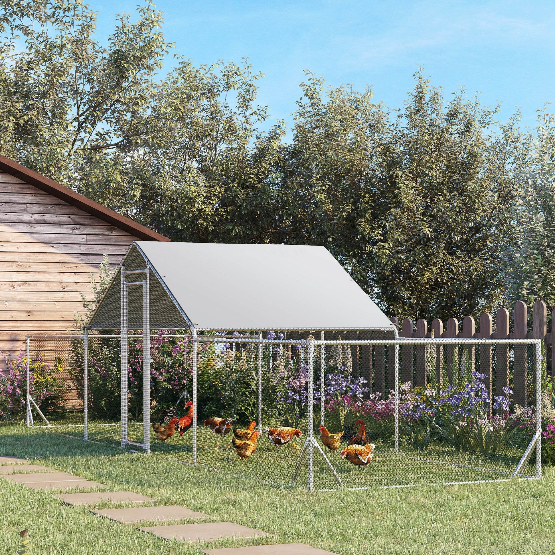 HKM-2477757 Large Chicken Coop with Weather-Resistant Cover for 12-14 Chickens - 23' x 6.6' Silver Enclosure