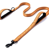HKM-2479677 Reflective Double Handle Nylon Pet Leash with Metal Buckle and Trash Bag Holder