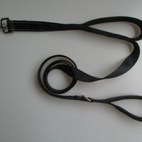 HKM-2479677 Reflective Double Handle Nylon Pet Leash with Metal Buckle and Trash Bag Holder