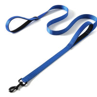 HKM-2479677 Reflective Double Handle Nylon Pet Leash with Metal Buckle and Trash Bag Holder