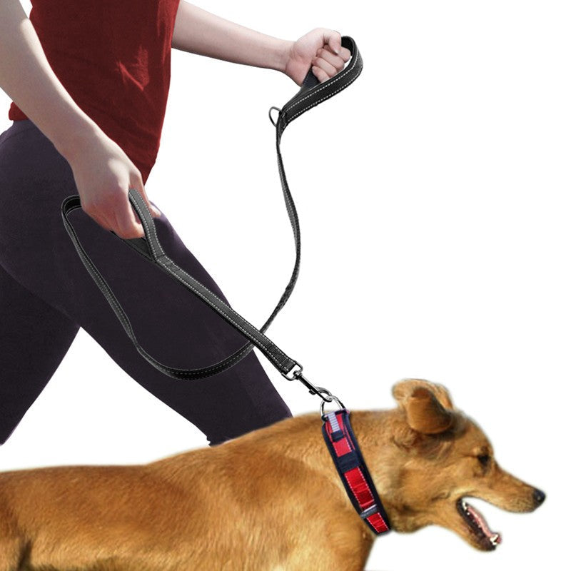HKM-2479677 Reflective Double Handle Nylon Pet Leash with Metal Buckle and Trash Bag Holder