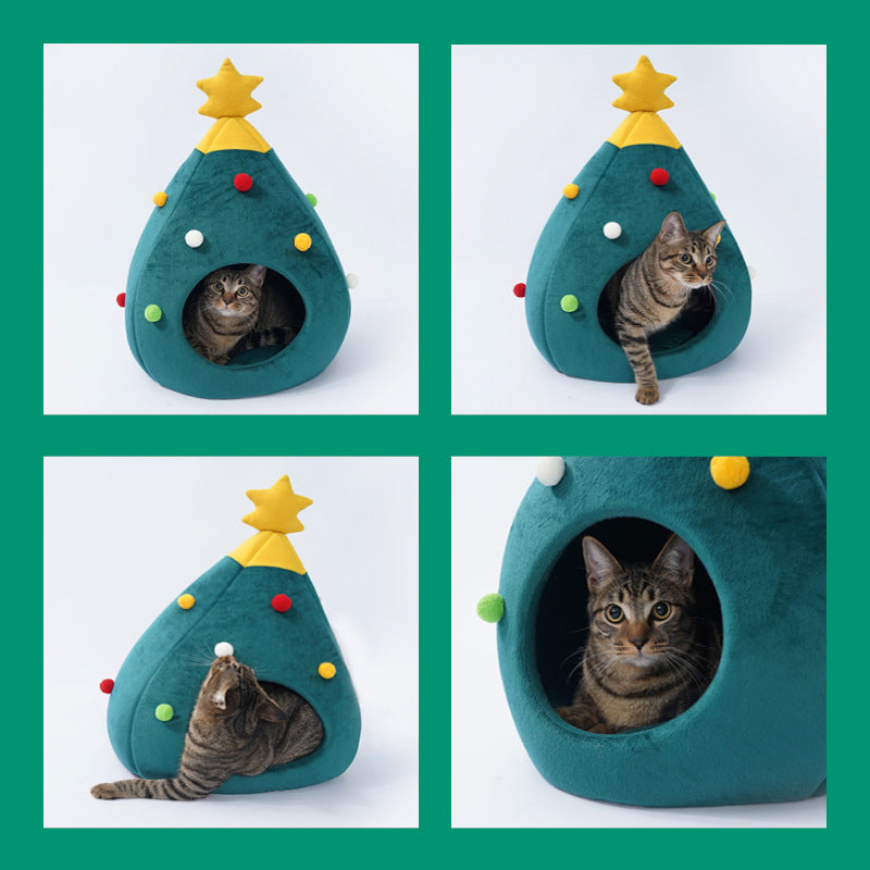 HKM-2479933 Christmas Tree Shaped Cat Bed Made of Felt - Cozy Cat Nest for Home Use - Multiple Sizes Available