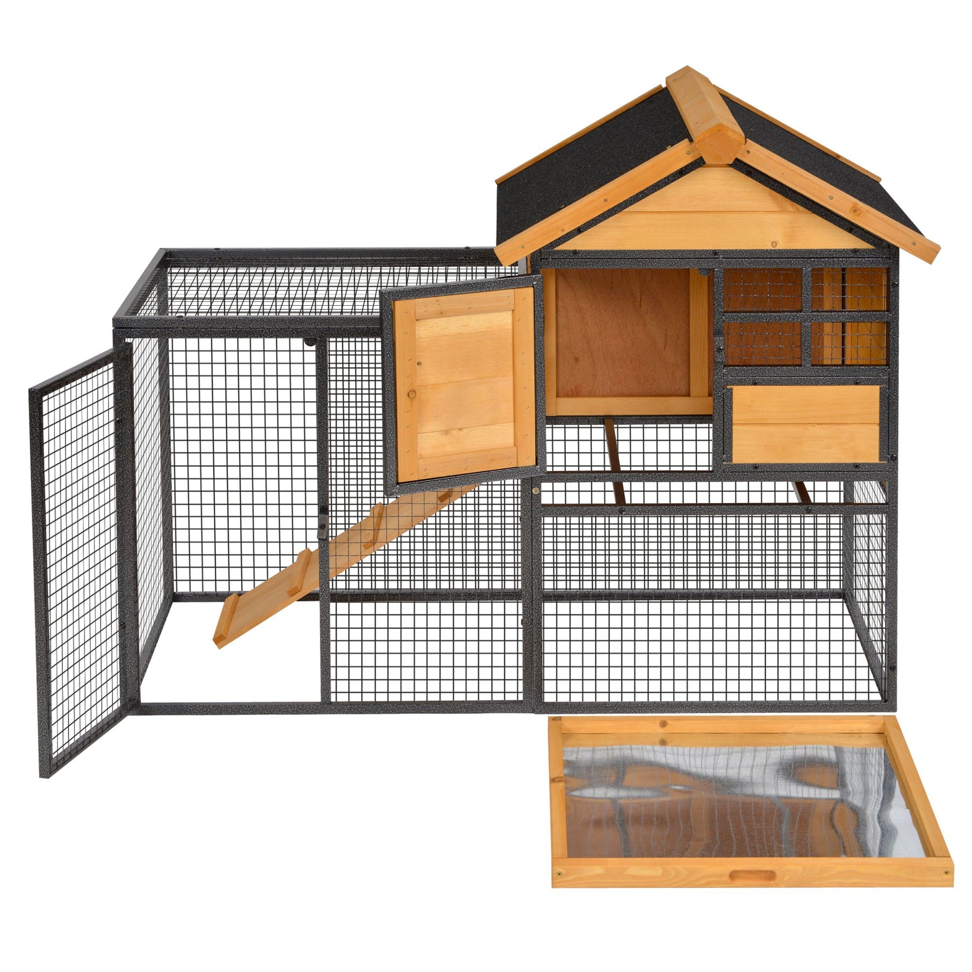 HKM-2483517 Elevated Outdoor Rabbit Cage with Slide-Out Tray, Natural Fir Wood & Black Design