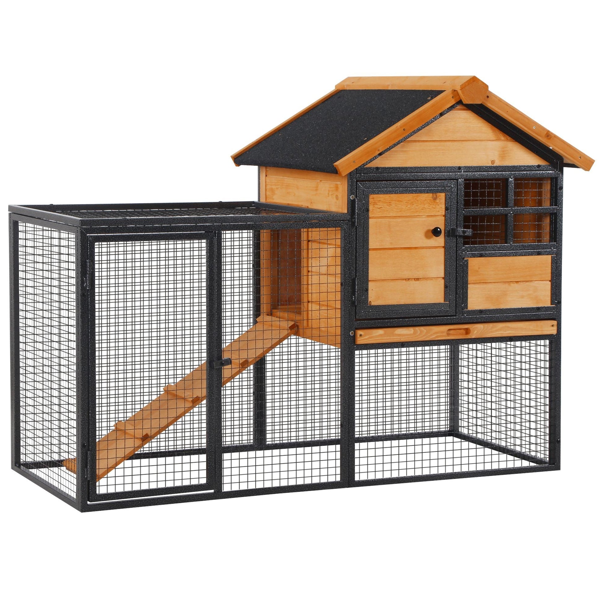 HKM-2483517 Elevated Outdoor Rabbit Cage with Slide-Out Tray, Natural Fir Wood & Black Design