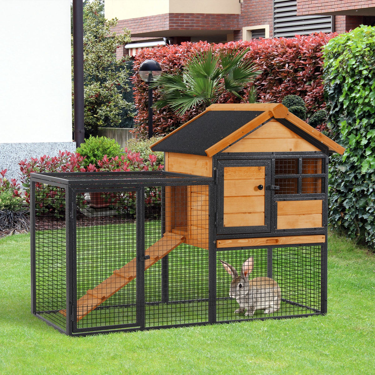 HKM-2483517 Elevated Outdoor Rabbit Cage with Slide-Out Tray, Natural Fir Wood & Black Design