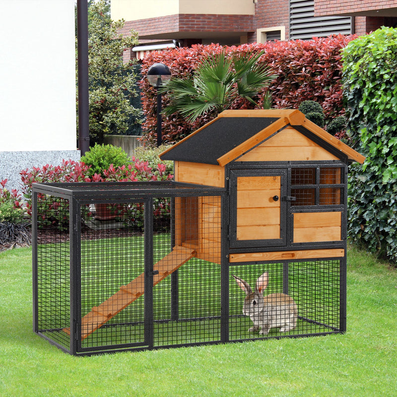 HKM-2483517 Elevated Outdoor Rabbit Cage with Slide-Out Tray, Natural Fir Wood & Black Design