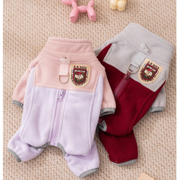 HKM-2484413 Cozy Fleece Jumpsuit for Small Dogs - Light Outdoor Color-Blocking Design