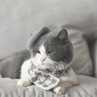 HKM-2484669 Fashionable Pet Beret and Scarf Set with Clear Glasses for Cats and Small Dogs