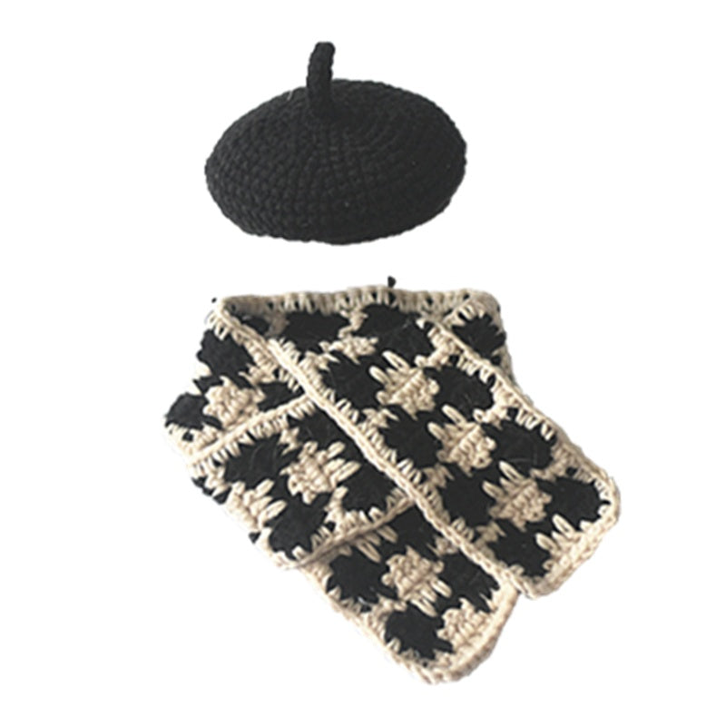 HKM-2484669 Fashionable Pet Beret and Scarf Set with Clear Glasses for Cats and Small Dogs