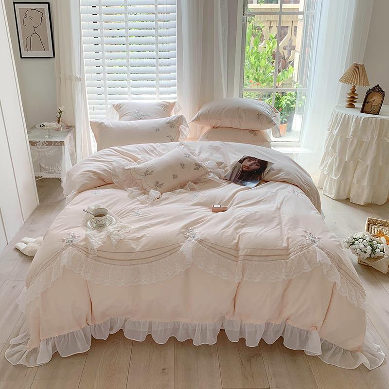 HKM-248595 Washed Cotton Four-Piece Bedding Set with Plant and Flower Embroidery, Available in Multiple Sizes