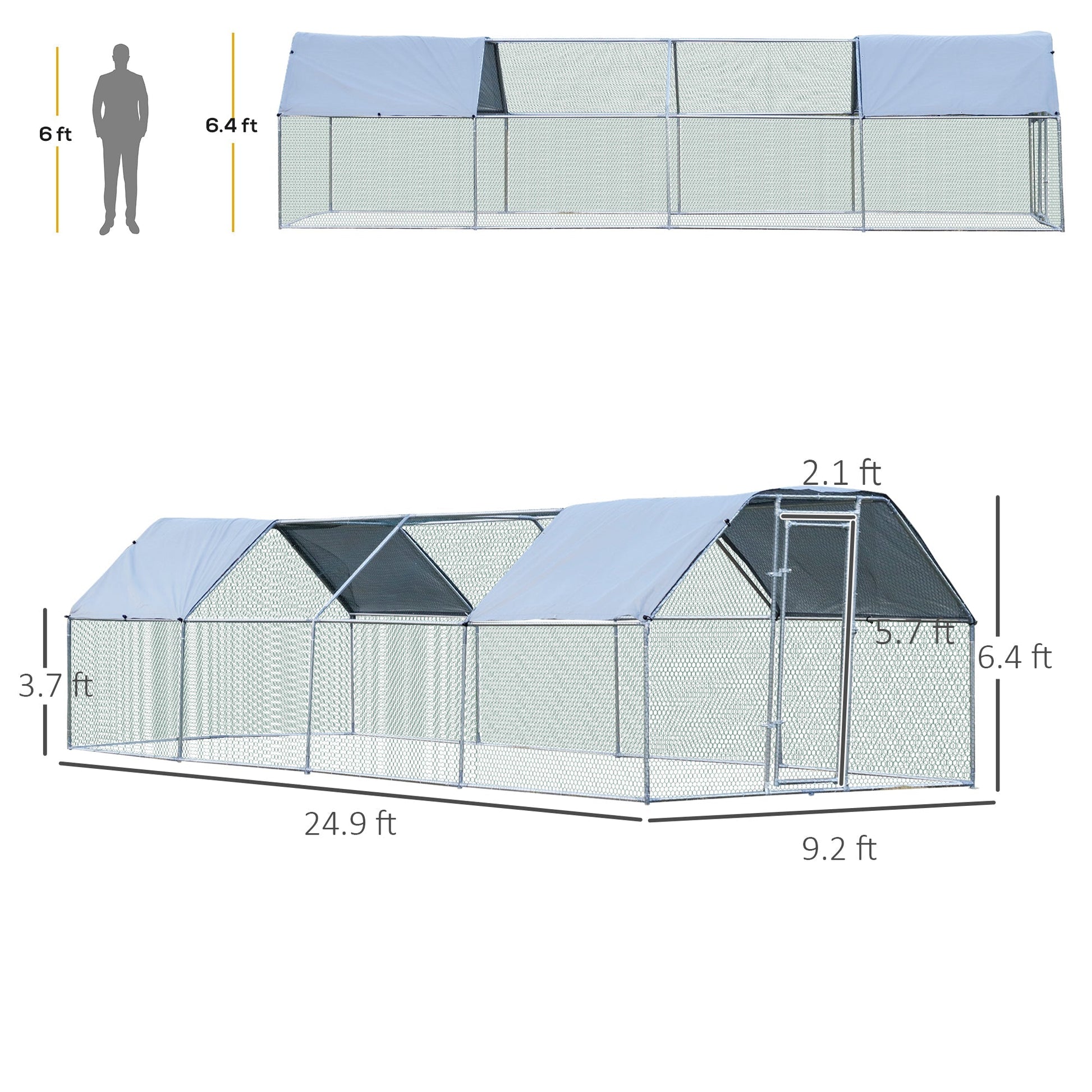 HKM-2489277 Large Metal Chicken Coop with Waterproof Roof and Anti-UV Cover, Walk-In Run for Outdoor Use, 9' x 24' x 6.5'