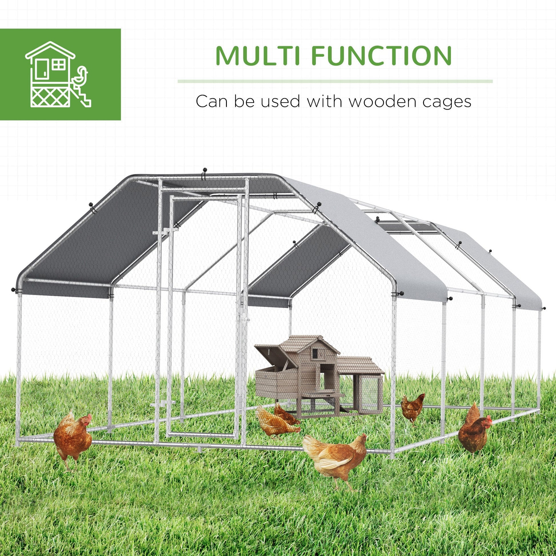 HKM-2489277 Large Metal Chicken Coop with Waterproof Roof and Anti-UV Cover, Walk-In Run for Outdoor Use, 9' x 24' x 6.5'