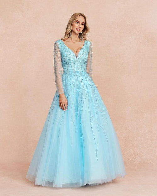 HKM-248979 Elegant Blue Evening Gown for Women - Style 0065