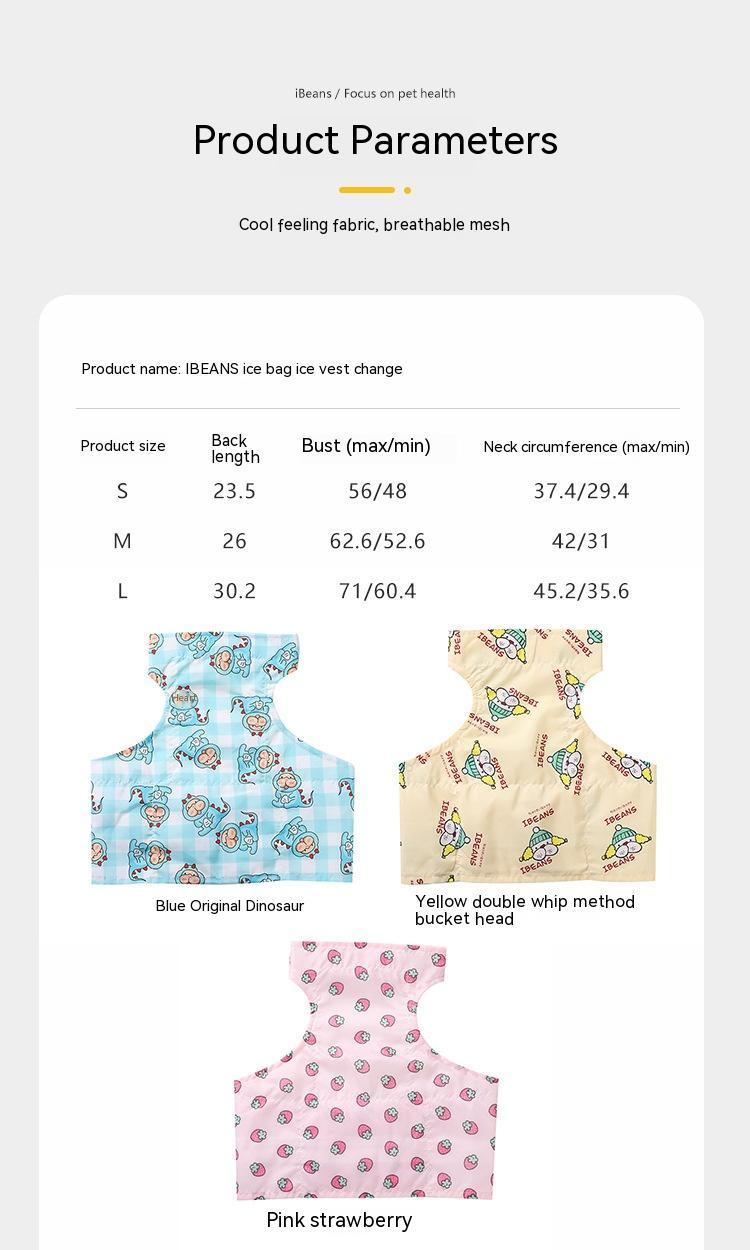 HKM-2491965 Cooling Ice Apron and Vest for Pets - Cartoon Styles in Blue Dinosaur, Yellow Bull, Pink Strawberry, Sizes S, M, L