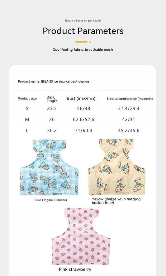 HKM-2491965 Cooling Ice Apron and Vest for Pets - Cartoon Styles in Blue Dinosaur, Yellow Bull, Pink Strawberry, Sizes S, M, L