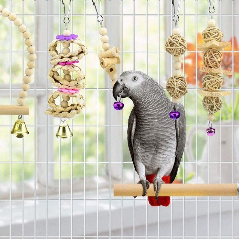 HKM-2494013 Wooden Bird Log Swing Toy Set with Bells for Small and Medium Birds