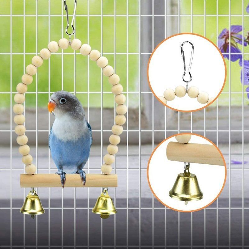 HKM-2494013 Wooden Bird Log Swing Toy Set with Bells for Small and Medium Birds