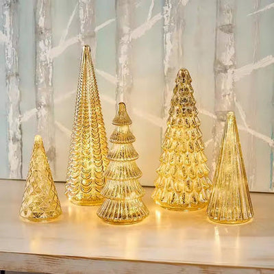 HKM-250387 3D Printed Glazed Christmas Tree Ornaments Set – Lighting Options in Gold & Silver, 5 Pieces