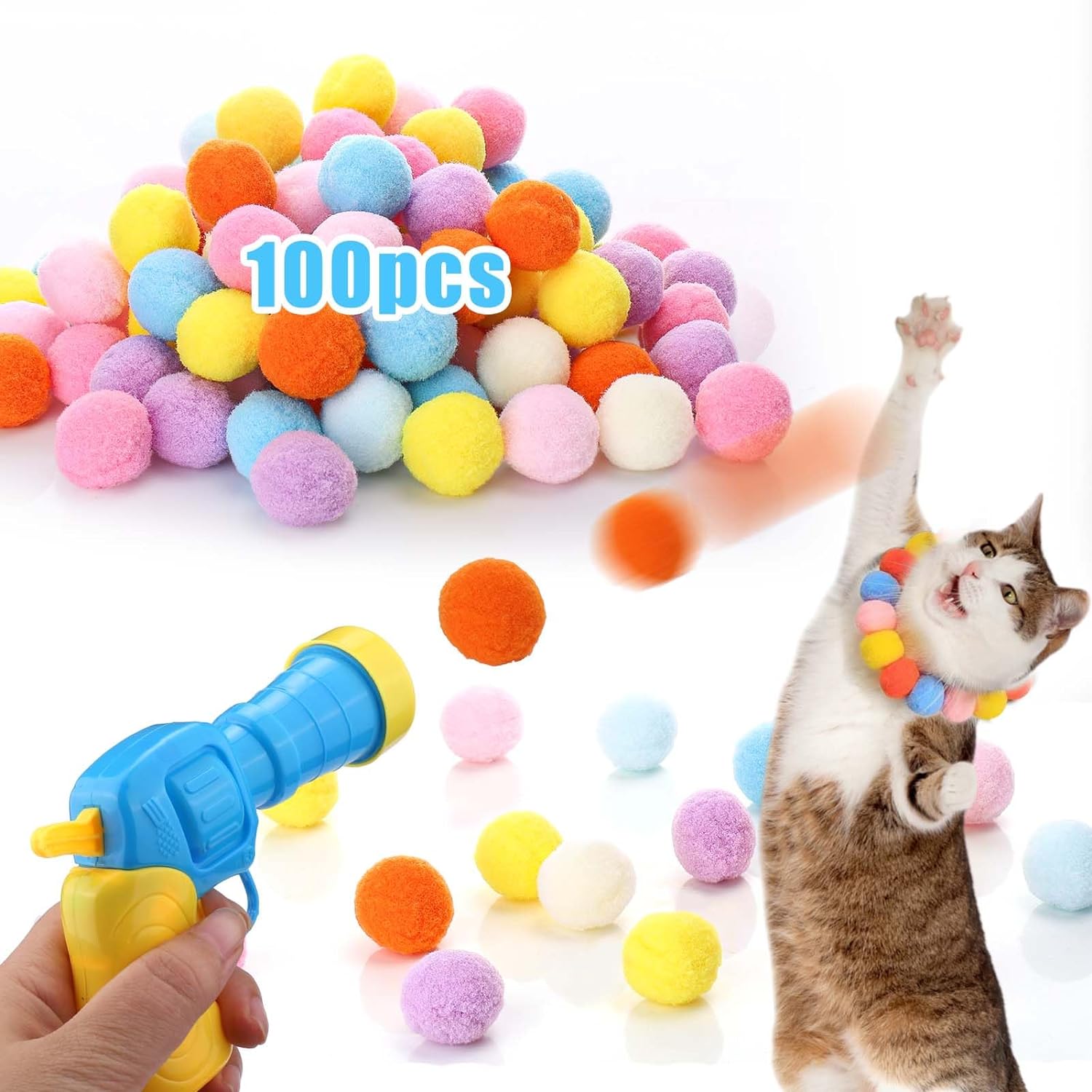 HKM-2504381 Interactive Cat Toy with Plush Ball Launcher and 20 Pom Pom Balls for Indoor Play