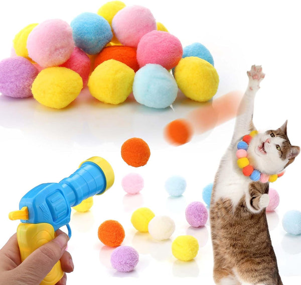 HKM-2504381 Interactive Cat Toy with Plush Ball Launcher and 20 Pom Pom Balls for Indoor Play