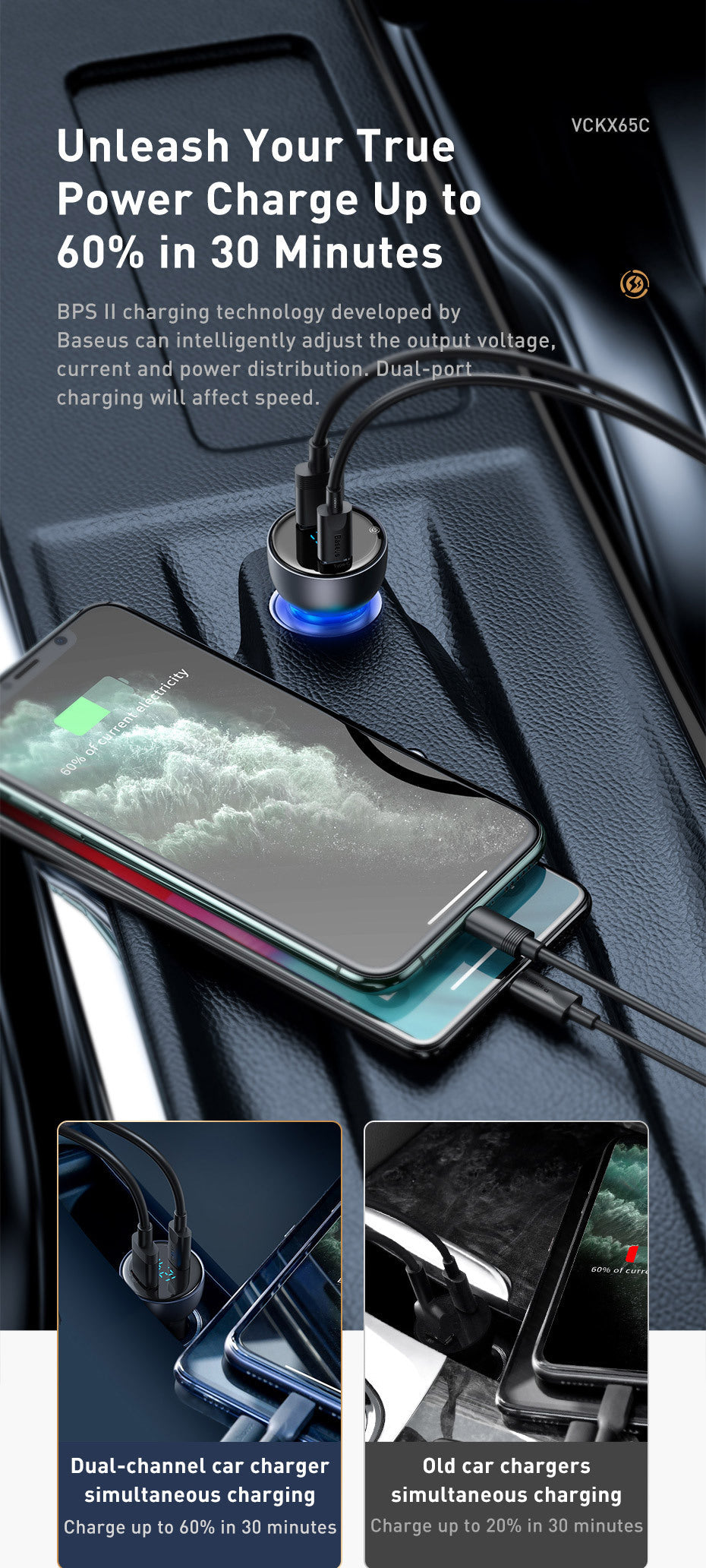 HKM-250451 65W Dual Port Fast Charge Car Charger with Digital Display and Translucent Design