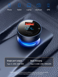 HKM-250451 65W Dual Port Fast Charge Car Charger with Digital Display and Translucent Design
