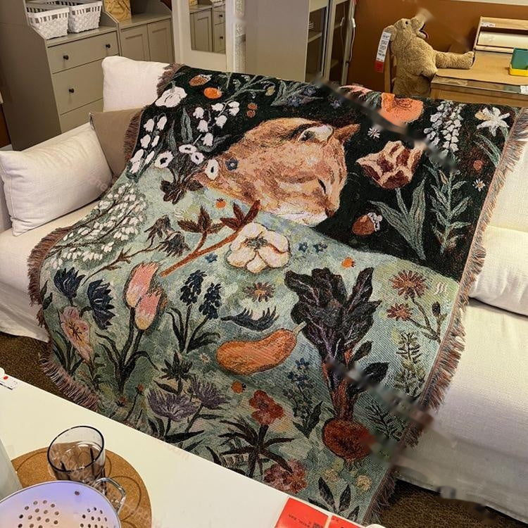 HKM-250643 Cartoon Cat Nap Tapestry in Green - Cotton Blend, Rectangular, 130x160cm & 80x100cm Options