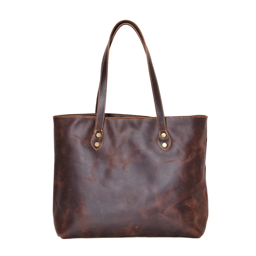 HKM-250643 Custom Logo Genuine Leather Tote Bag for Women - Casual Crazy Horse Shoulder Handbag