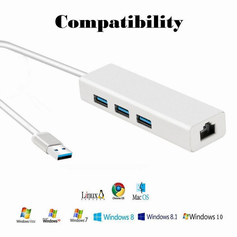 HKM-250643 USB 3.0 Gigabit Ethernet Adapter with 3-Port Hub for Mac, PC, and Chromebooks, 1000 Mbps Speed
