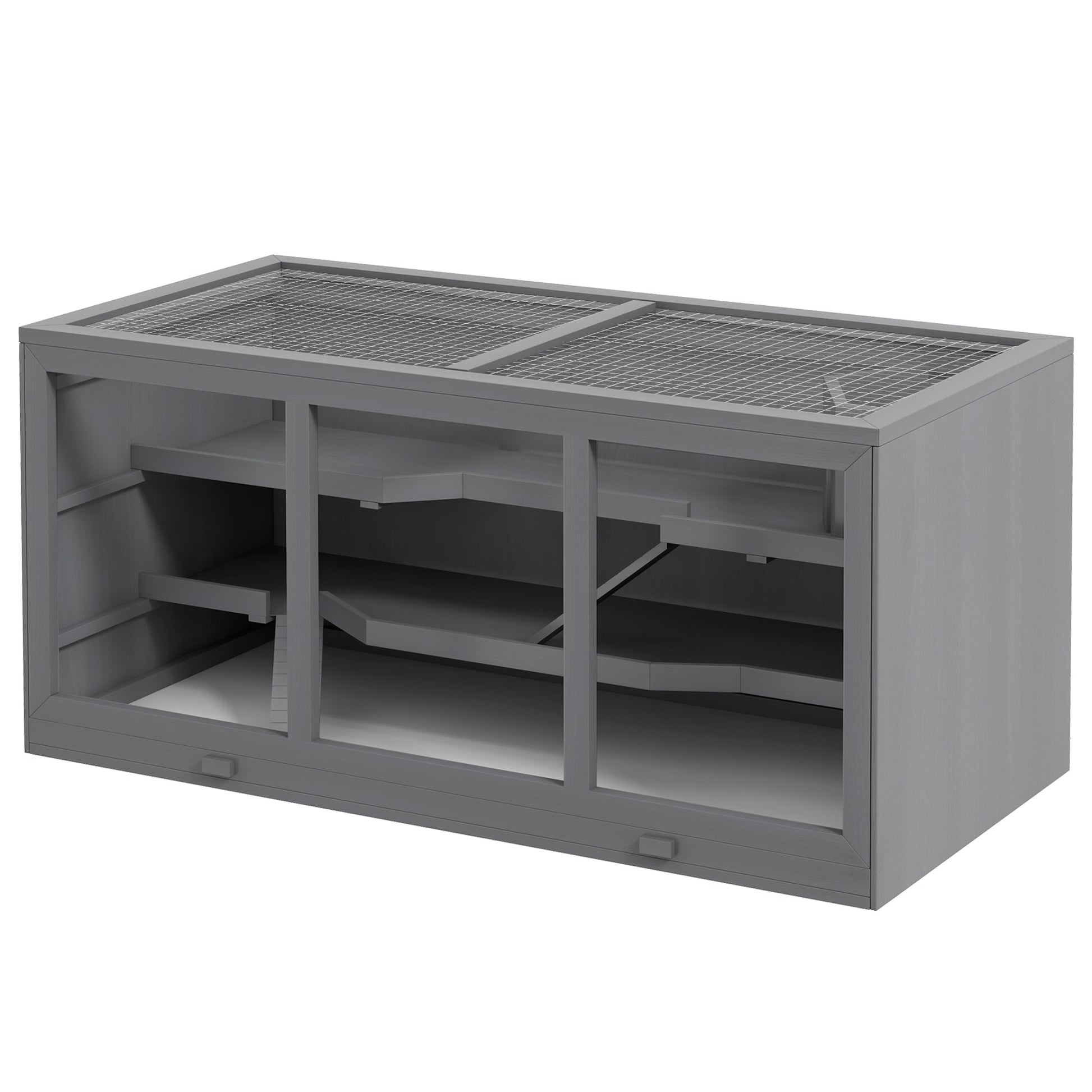 HKM-2510525 Extra Large Gray Wooden Hamster Cage with Opening Roof, Ramp Access, and Multiple Levels