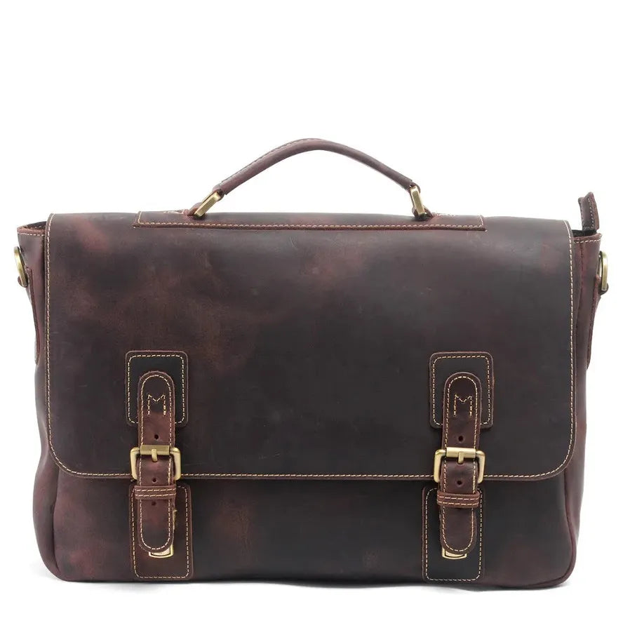 HKM-251155 Genuine Leather Business Shoulder Briefcase for Men - Retro Design, Canvas and Cowhide Construction, 40cm x 9cm x 25cm