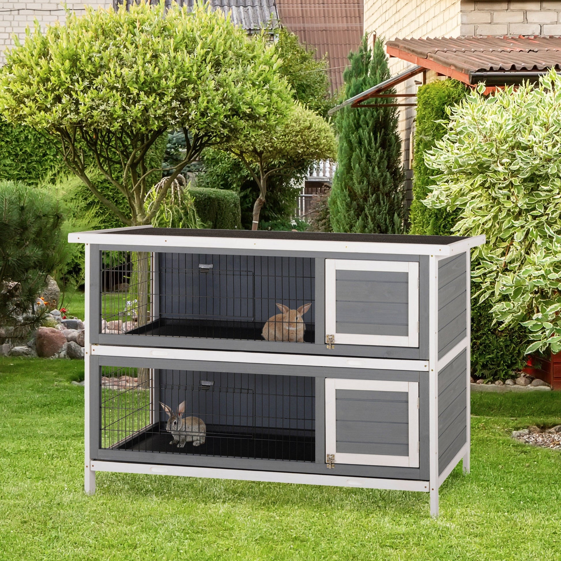 HKM-2516285 Large 2-Story Rabbit Hutch with Lockable Doors and Waterproof Roof for Indoor/Outdoor Use, Dark Gray