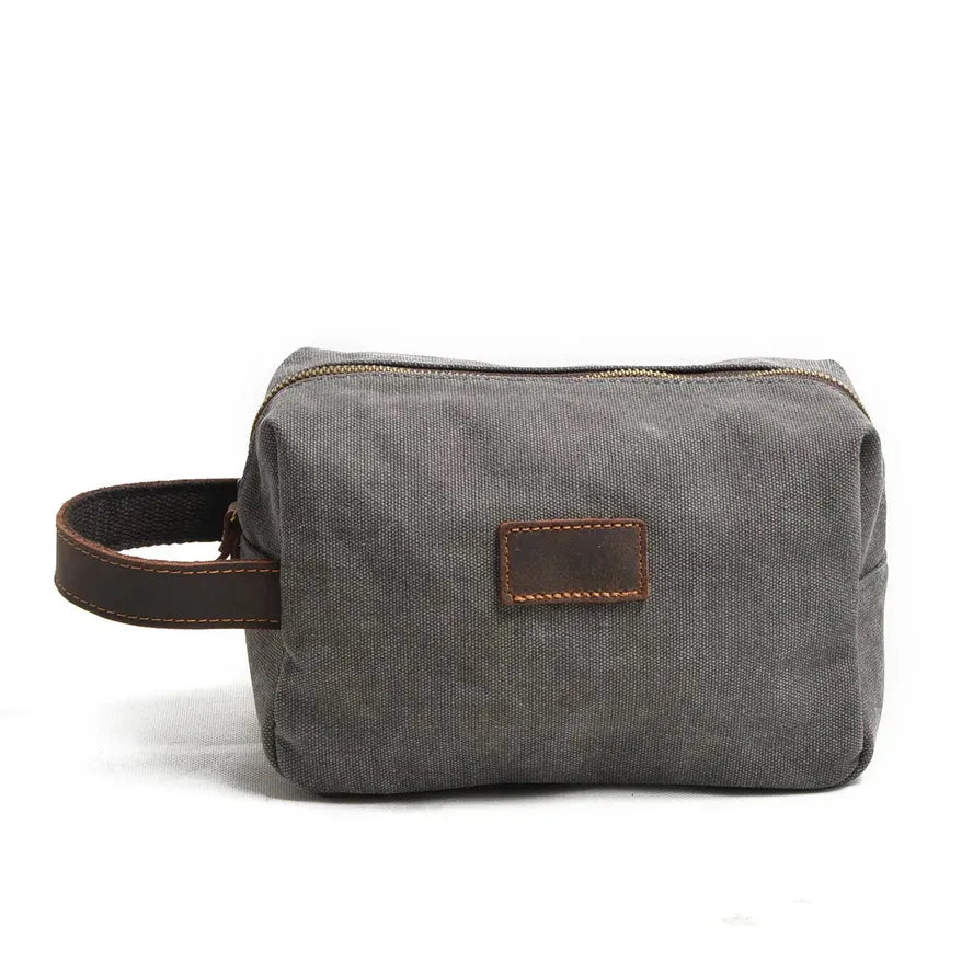 HKM-251795 Custom Logo Small Canvas Travel Hand Bag and Toiletry Bag, 21x9.5x14CM, Oil Wax Canvas and Super Fiber Leather