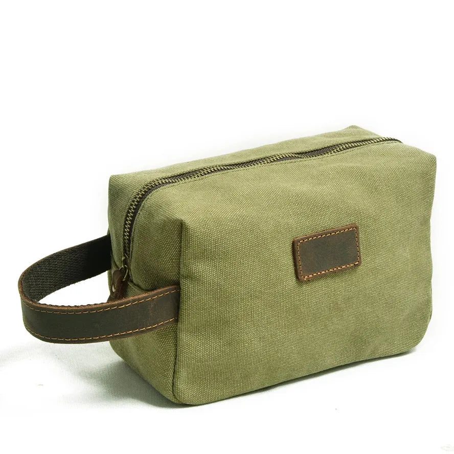 HKM-251795 Custom Logo Small Canvas Travel Hand Bag and Toiletry Bag, 21x9.5x14CM, Oil Wax Canvas and Super Fiber Leather